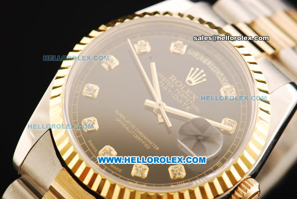 Rolex Day Date Rolex 3156 Automatic Movement Gold Bezel with Black Dial and Diamond Markers - Two Tone Strap - Click Image to Close